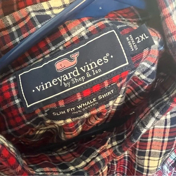 Vineyard Vines Flannel Shirt Mens Red Blue Plaid Slim Fit Whale Shirt Size 2XL - Picture 5 of 5